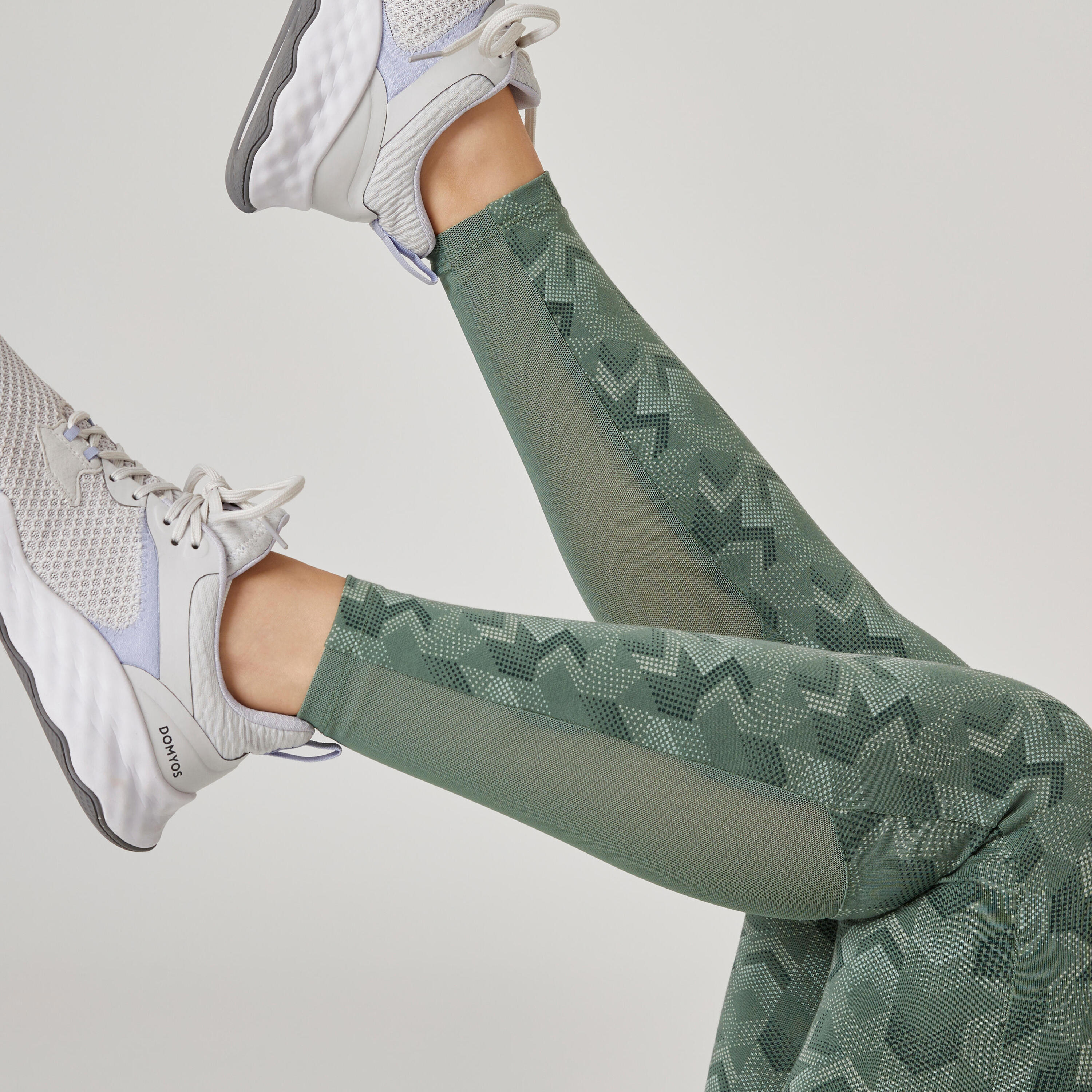 Stretchy High-Waisted Cotton Fitness Leggings with Mesh - Green Print 5/7