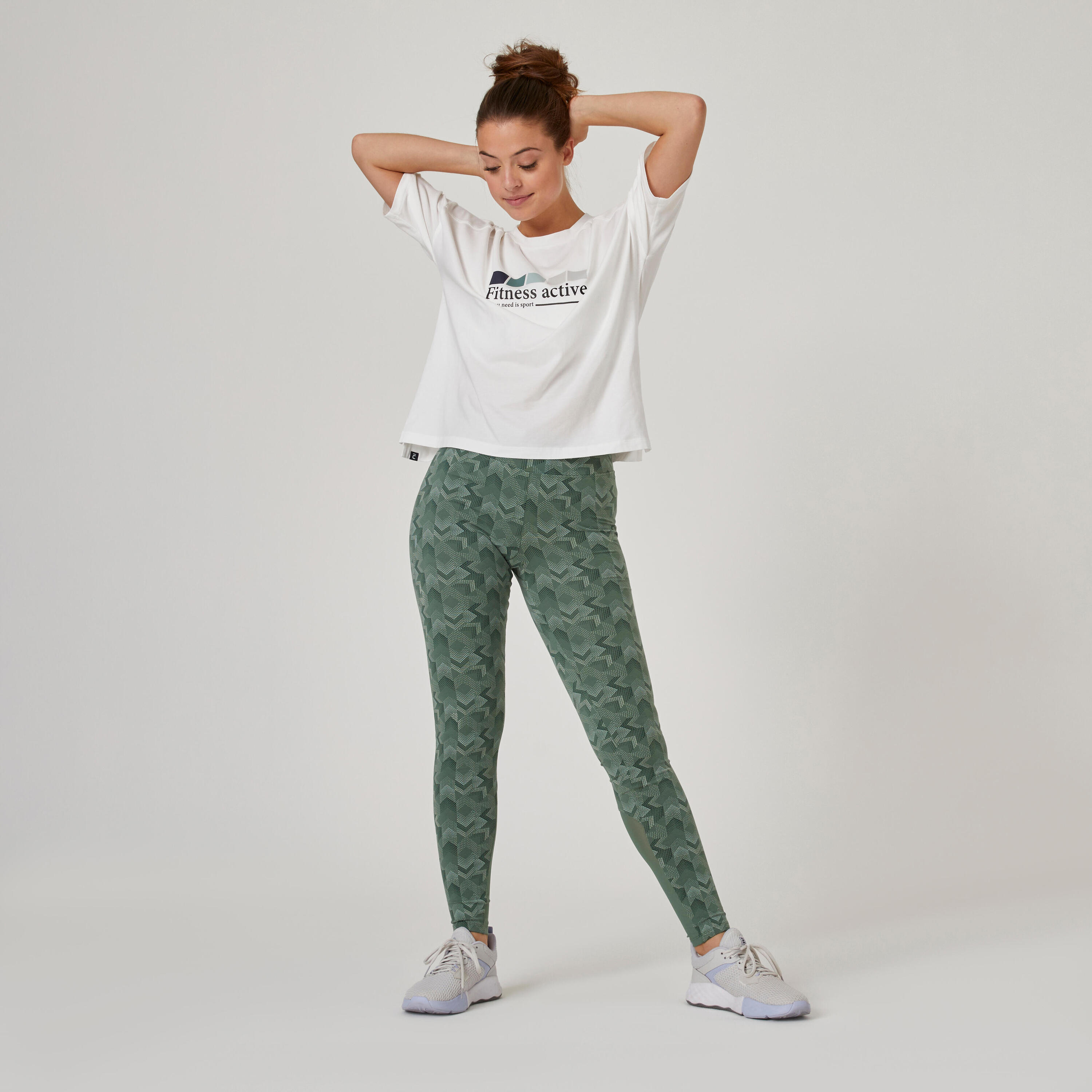 Stretchy High-Waisted Cotton Fitness Leggings with Mesh - Green Print 3/7