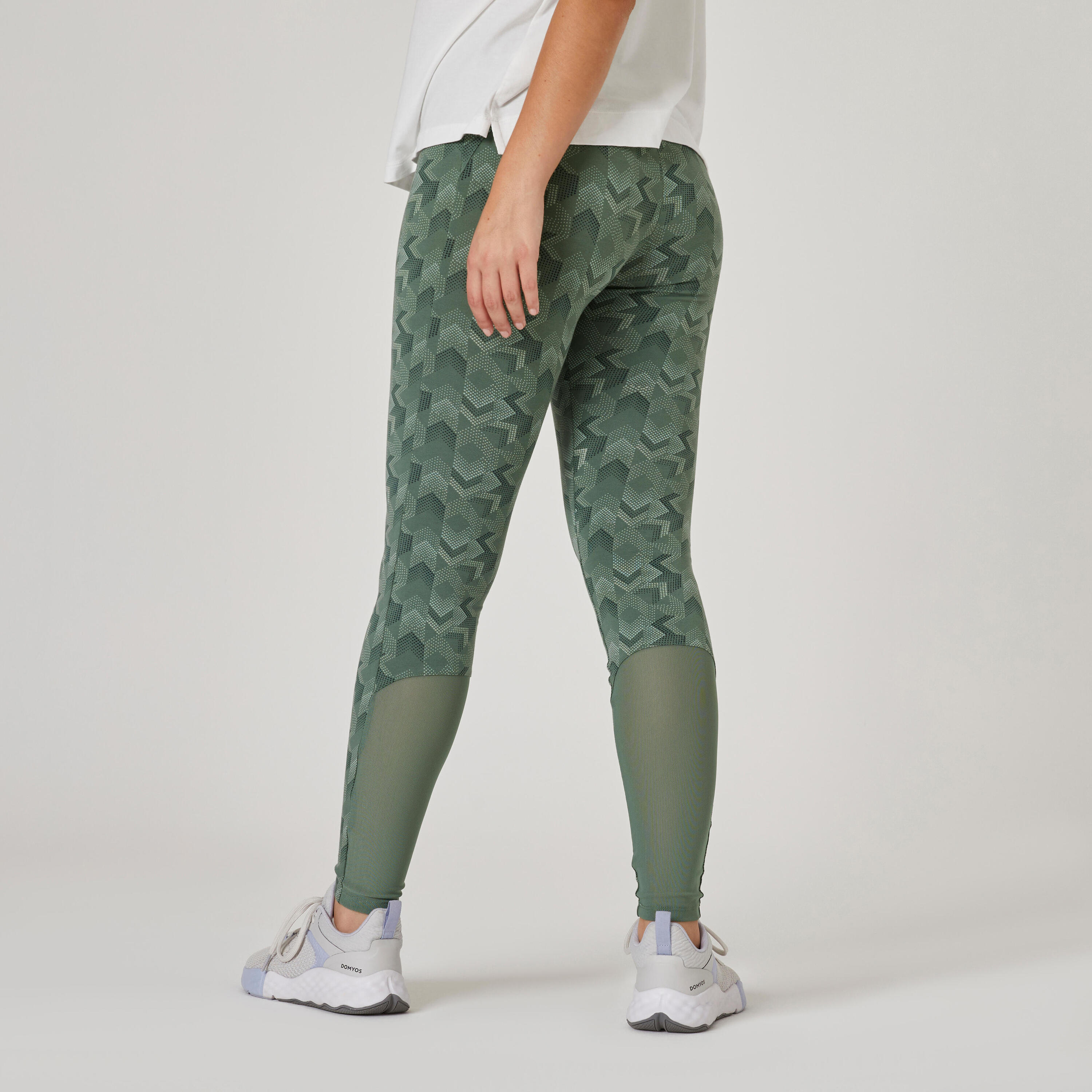 Stretchy High-Waisted Cotton Fitness Leggings with Mesh - Green Print 2/7