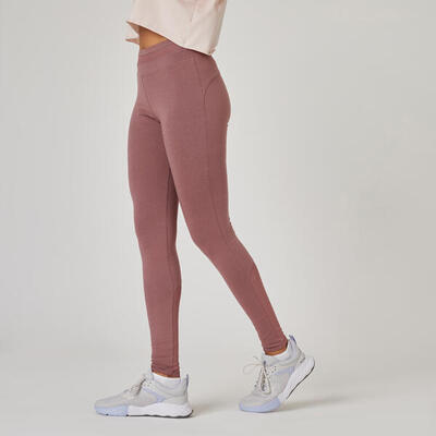 Legging voor fitness stretch katoen hoge taille met mesh paars