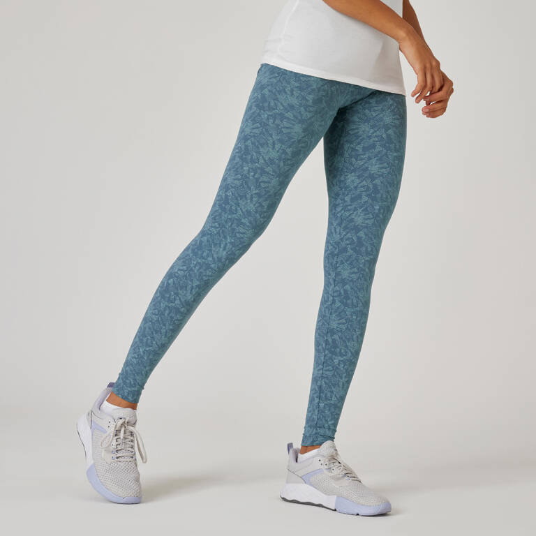Women Gym Cotton Legging 500 - Green-Blue Print