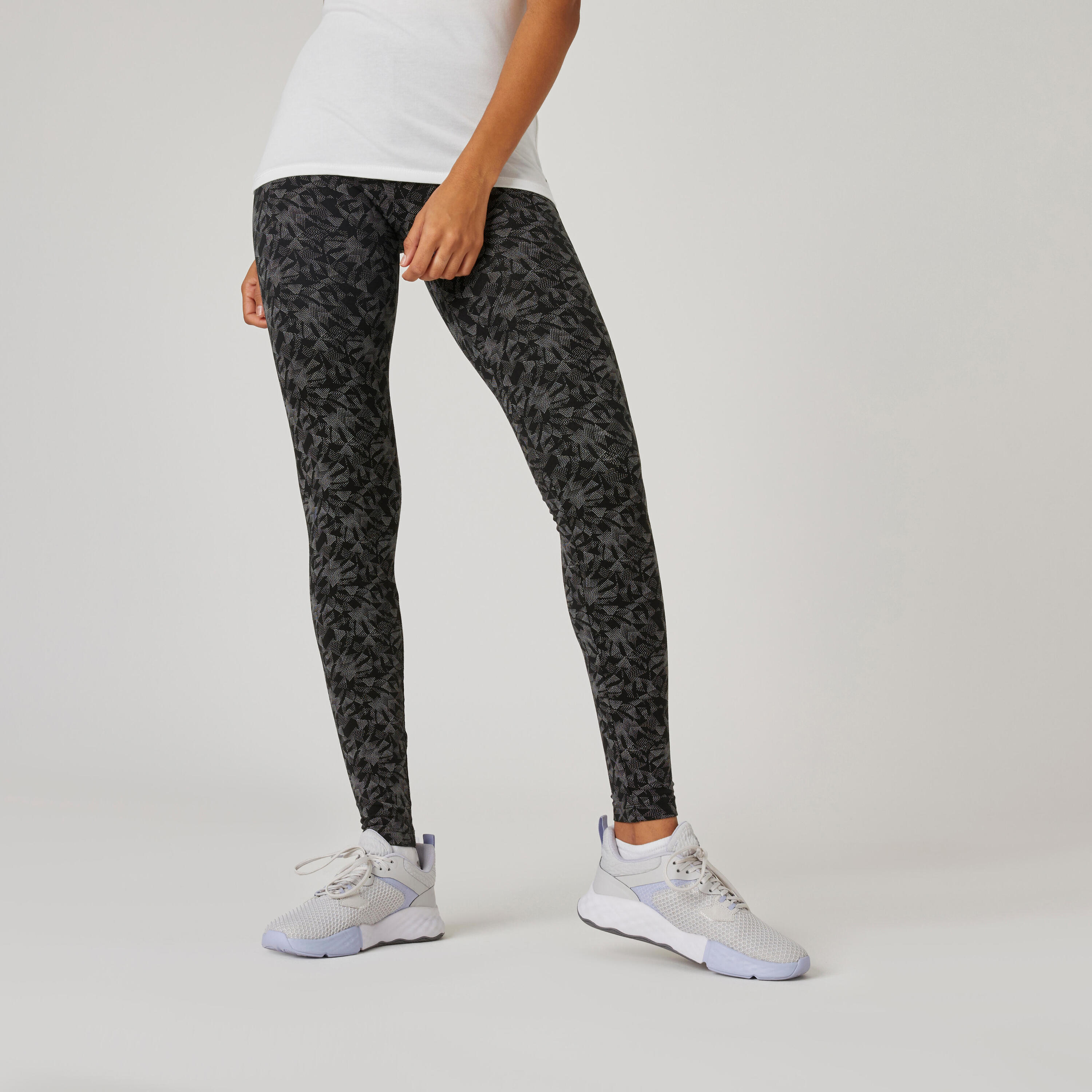 DOMYOS Women's Slim-Fit Fitness Leggings Fit+ 500 - Black/Grey Print