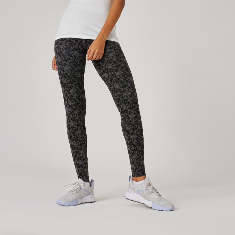 Legging voor fitness Fit+ katoen print zwart en grijs