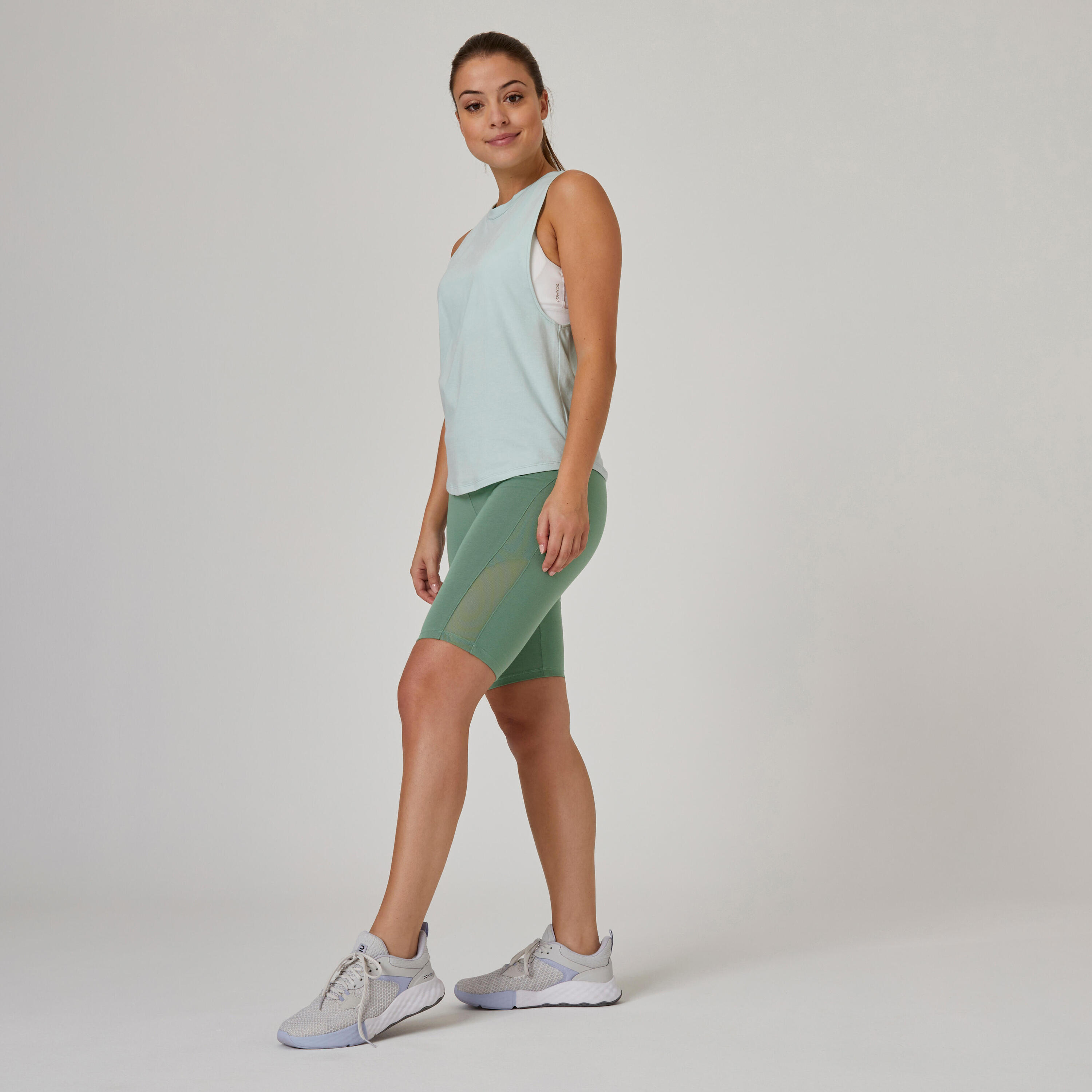 Women's Slim-Fit Cotton Fitness Cycling Shorts 520 Without Pockets - Green 3/8