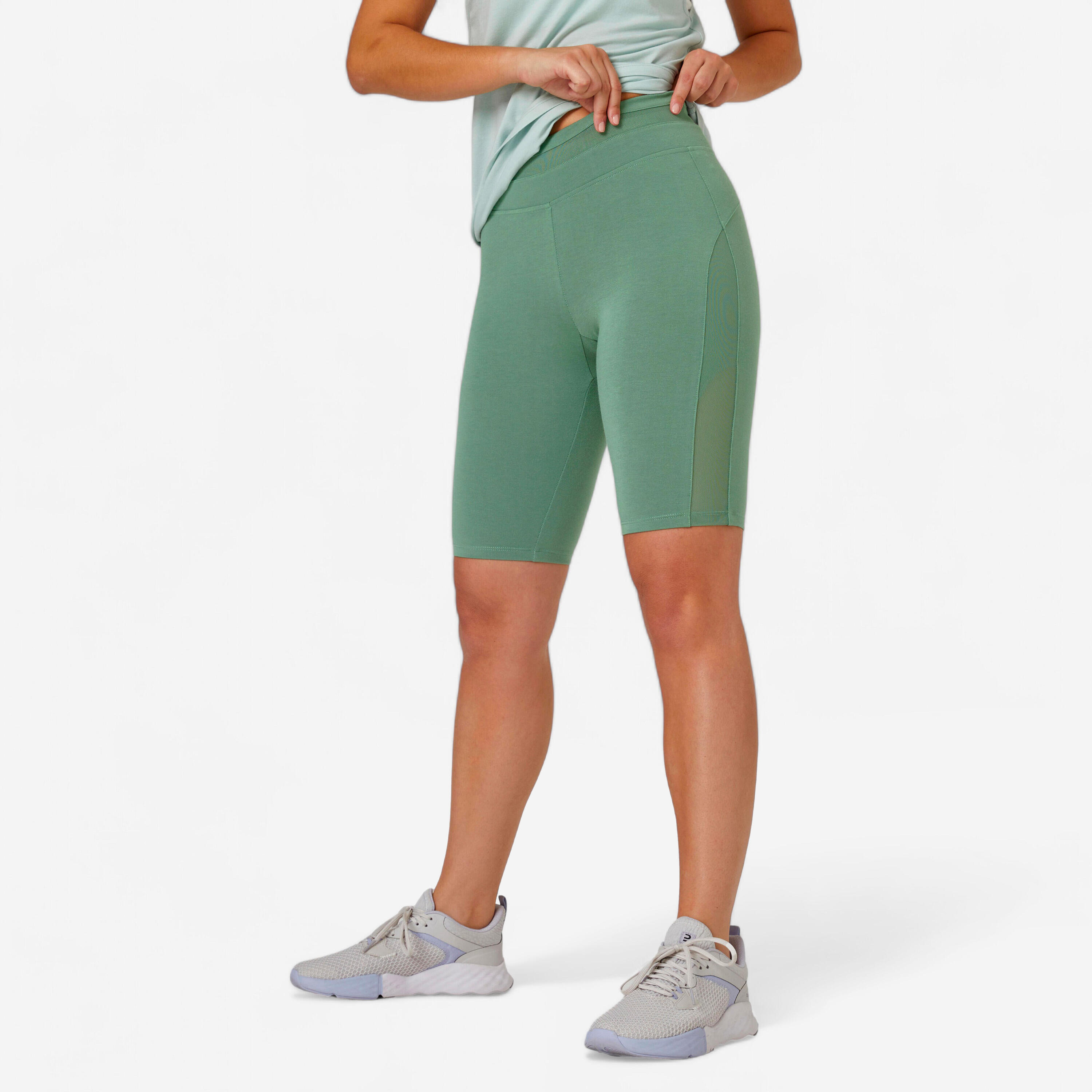 DOMYOS Ciclisti donna fitness 520 misto cotone con trasparenze verdi