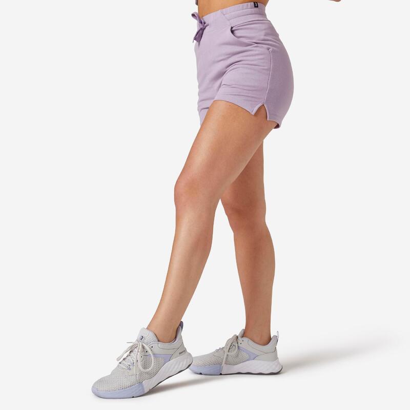 Short Fitness femme coton slim avec poche - 520 mauve