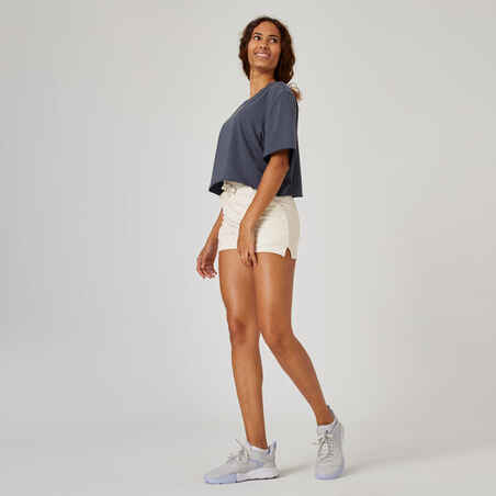 Shorts Slim 520 Fitness Baumwolle mit Tasche Damen naturfarben 