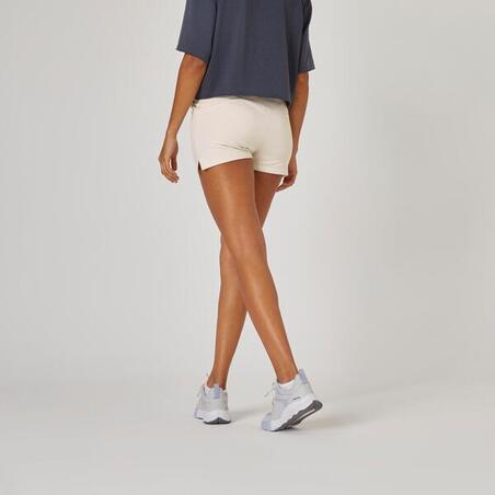 Short Fitness femme coton avec poche - 520 écru