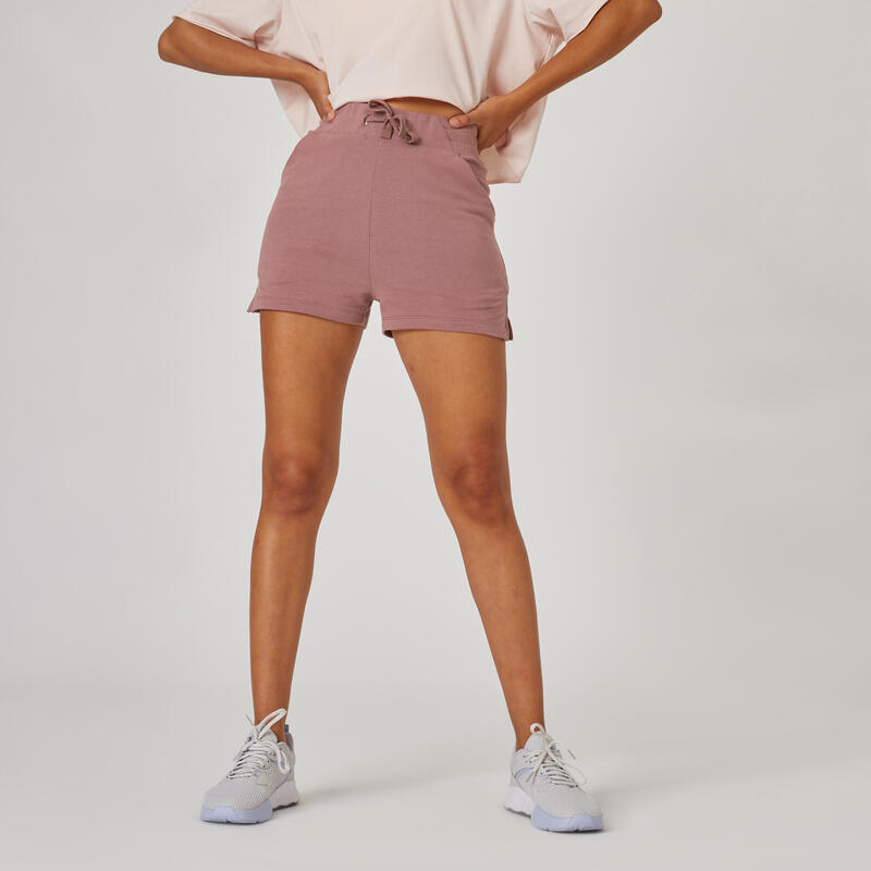 Short Fitness femme coton slim avec poche - 520 rose