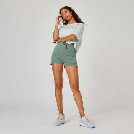 Shorts Slim 520 Fitness Baumwolle mit Tasche Damen grün 