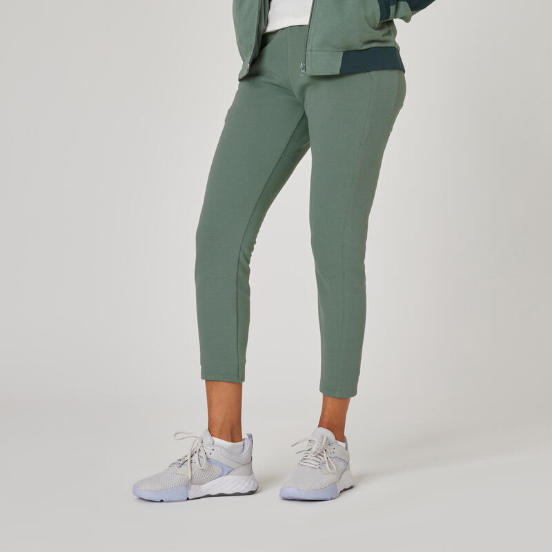 Pantalon jogging fitness femme coton majoritaire coupe droite 7/8 - Vert