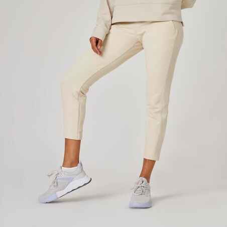 Pantalón jogger fitness 7/8 corte recto algodón Mujer Domyos beige