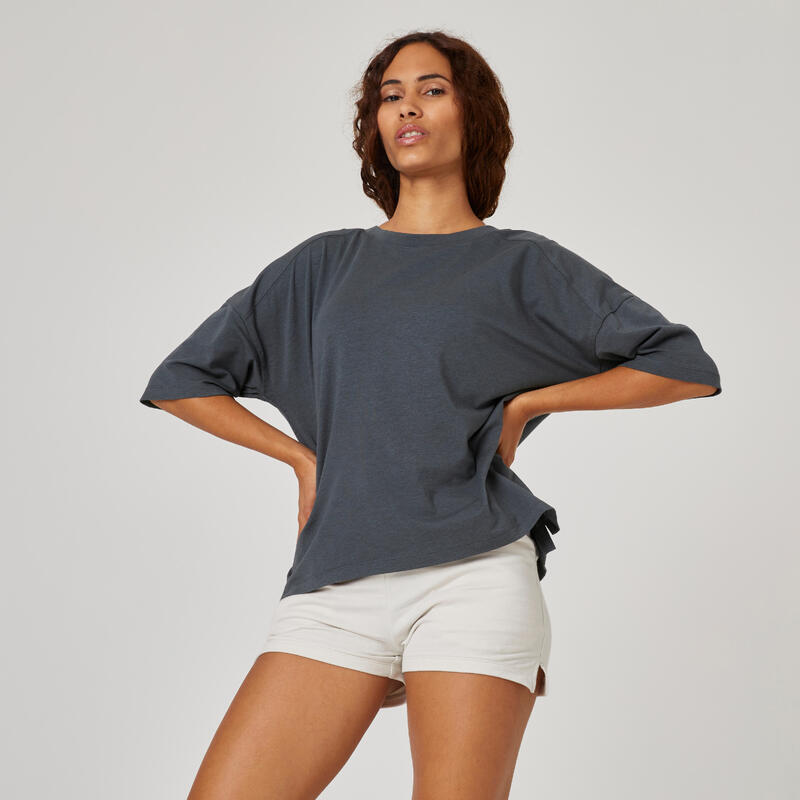 T-shirt fitness manches courtes large col rond coton femme - 520 Loose Gris