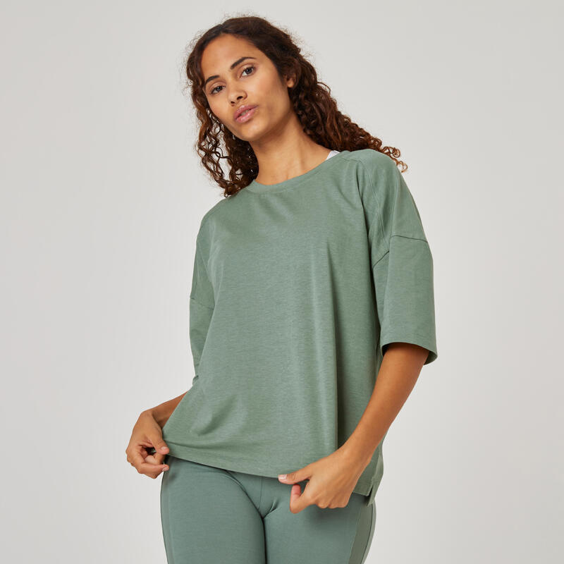 Women's Short-Sleeved Loose-Fit Crew Neck Cotton Fitness T-Shirt 520 Loose - Green