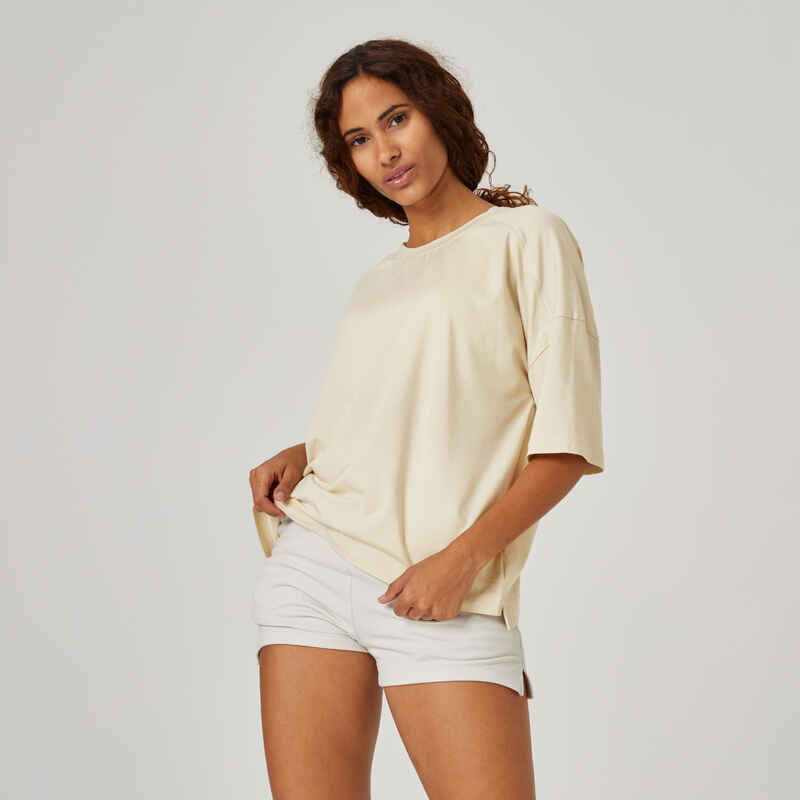 Women's Short-Sleeved Loose-Fit Crew Neck Cotton Fitness T-Shirt 520 Loose - Linen