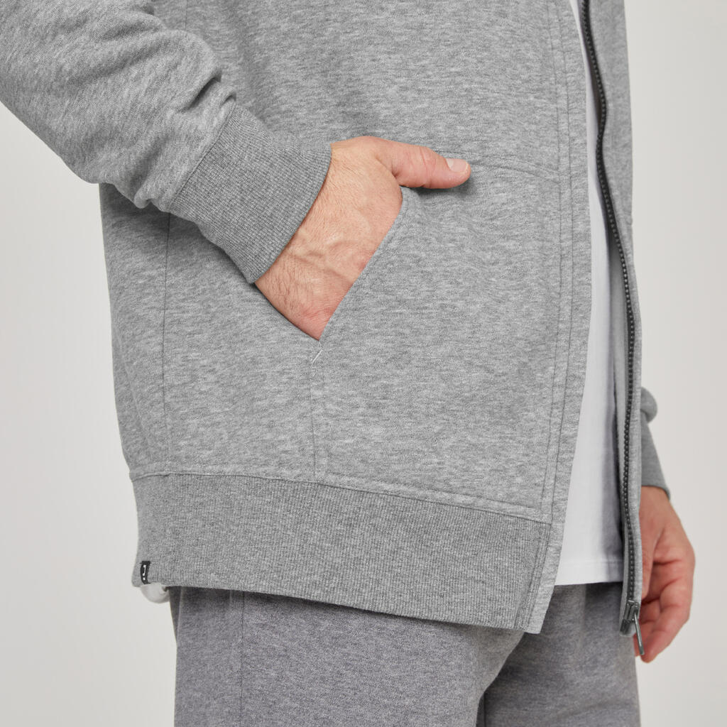 Men's Straight-Cut Zipped Hoodie With Pocket 500 - Grey