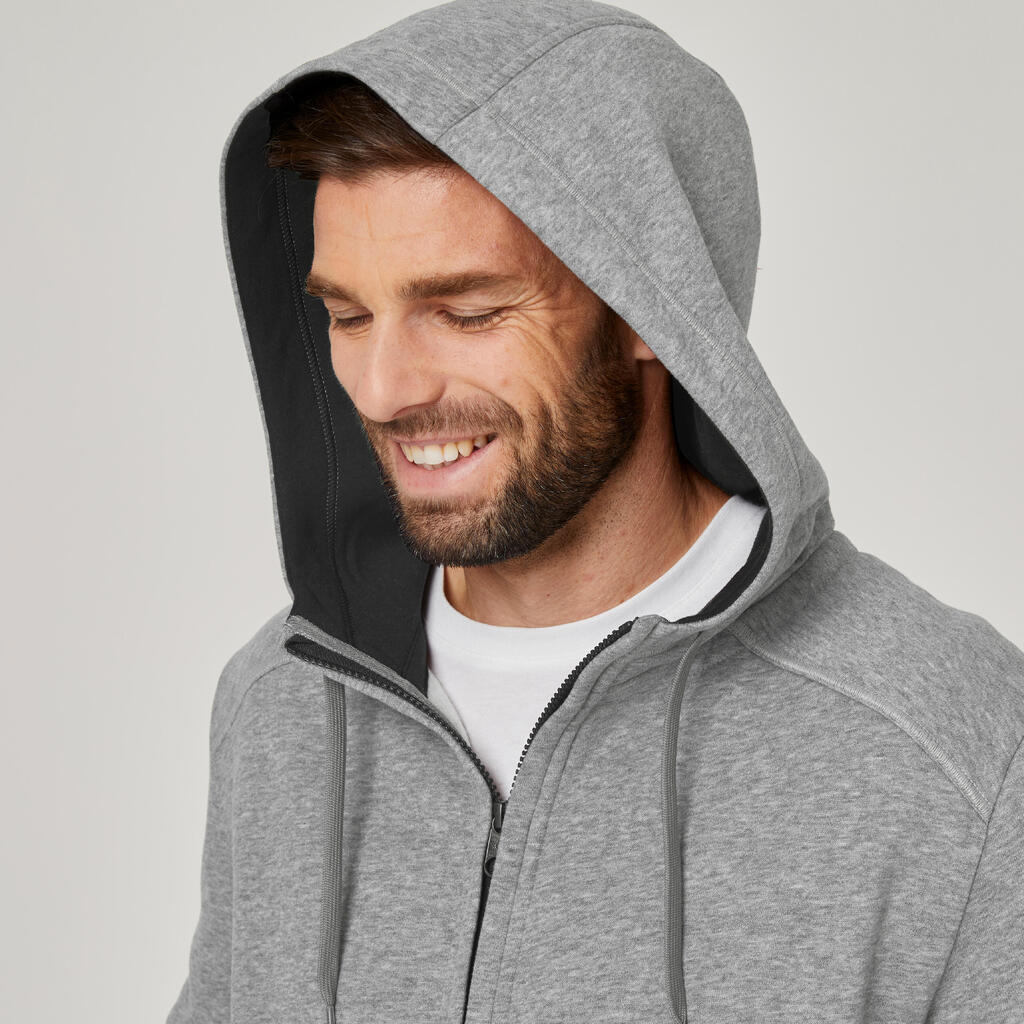 Men's Straight-Cut Zipped Hoodie With Pocket 500 - Grey