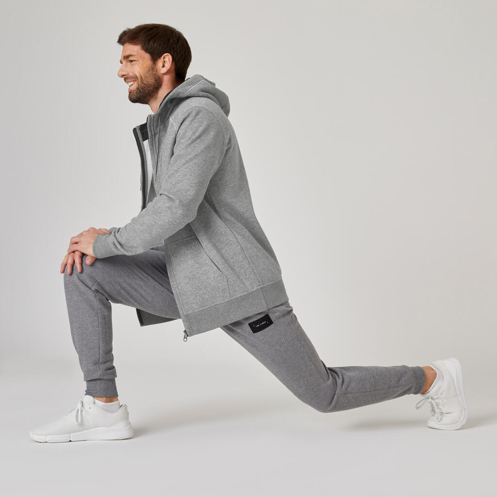 Men's Straight-Cut Zipped Hoodie With Pocket 500 - Grey