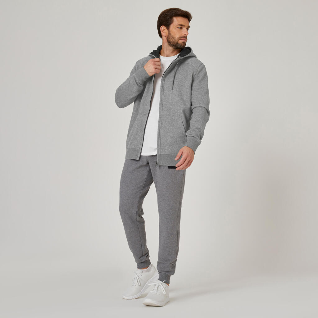 Men's Straight-Cut Zipped Hoodie With Pocket 500 - Grey