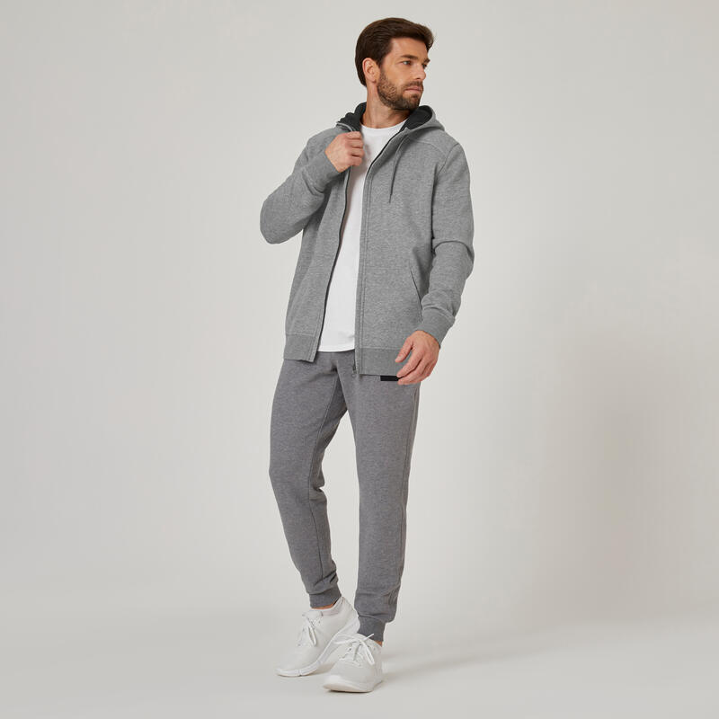 Sweat zippé à capuche col zippé droit homme avec poche - 500 Gris