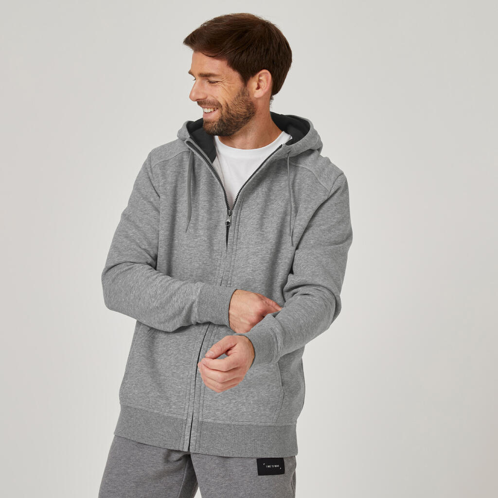 Men's Straight-Cut Zipped Hoodie With Pocket 500 - Grey