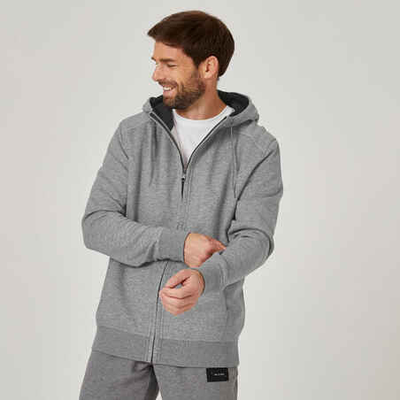 Men's Straight-Cut Zipped Hoodie With Pocket 500 - Grey