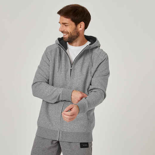 
      Men's Straight-Cut Zipped Hoodie With Pocket 500 - Grey
  