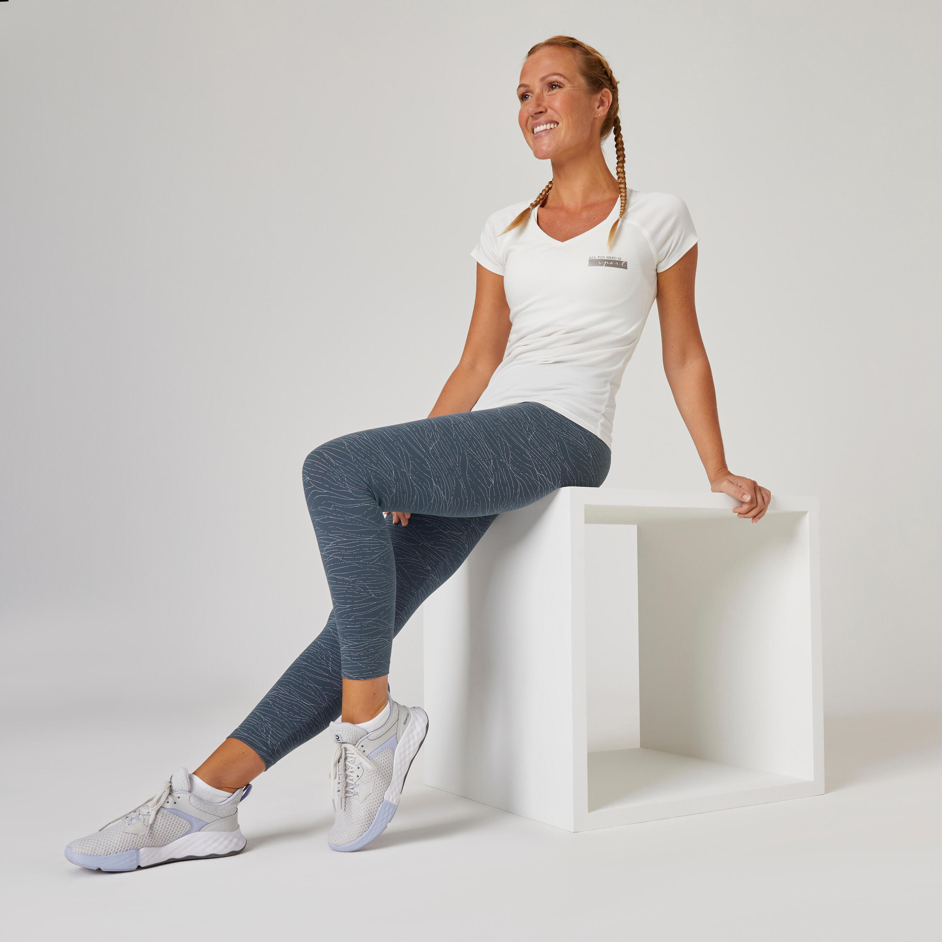 Women's Fitness 7/8 Leggings Fit+ 500 - Blue Print 3/5