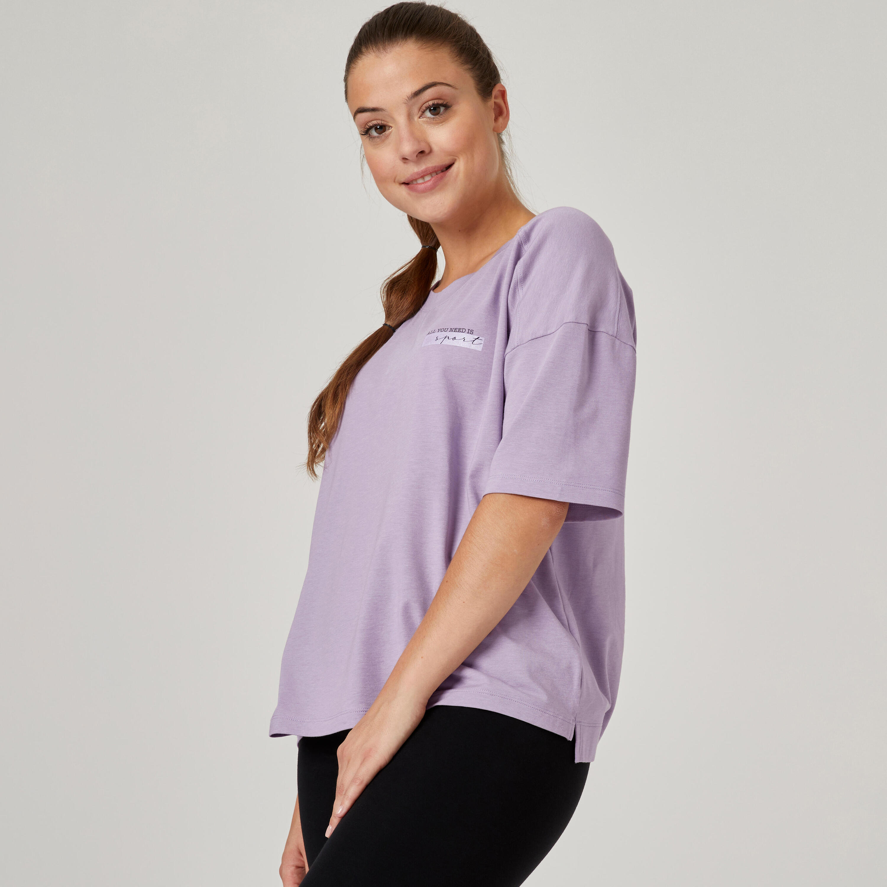 DOMYOS Women's Short-Sleeved Loose-Fit Majority Cotton Fitness T-Shirt 520 - Purple