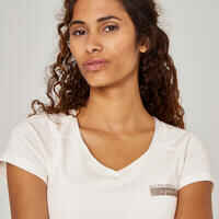 T-Shirt Slim V-Ausschnitt hoher Baumwollanteil Damen naturfarben bedruckt 