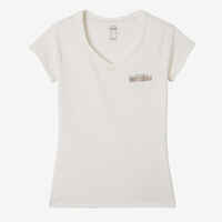 T-Shirt Slim V-Ausschnitt hoher Baumwollanteil Damen naturfarben bedruckt 