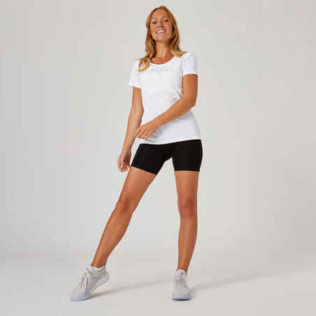 Camiseta fitness manga corta algodón extensible Mujer Domyos blanco estampado