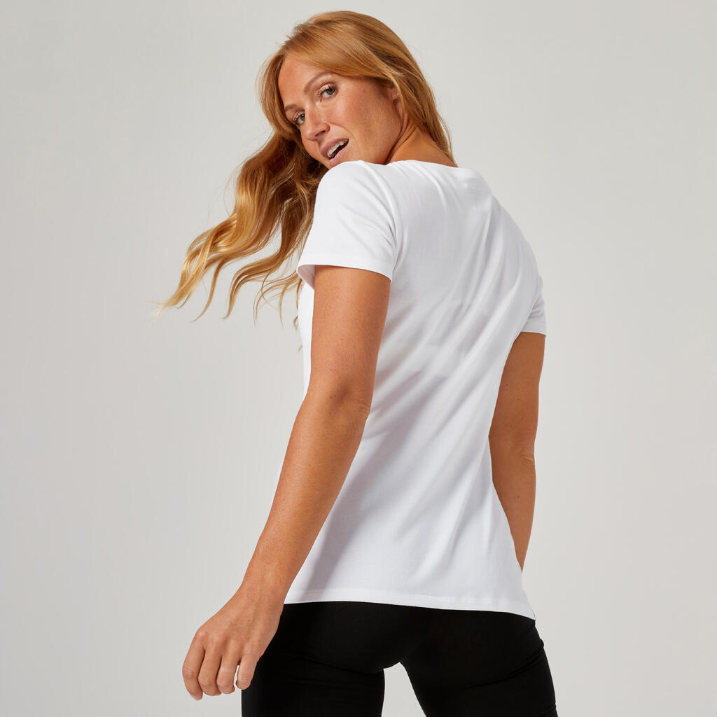 Playera de fitness de algodón de manga corta y cuello redondo blanca 500 REG