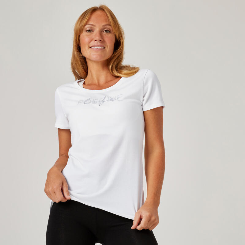 T-shirt fitness manches courtes col rond coton femme - 500 blanc glacier
