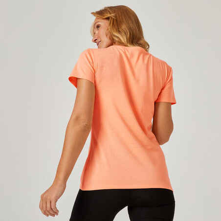 Camiseta fitness manga corta algodón extensible Mujer Domyos naranja estampado