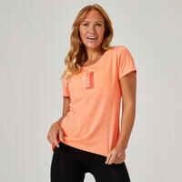 Camiseta fitness manga corta algodón extensible Mujer Domyos naranja estampado