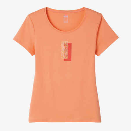 Camiseta fitness manga corta algodón extensible Mujer Domyos naranja estampado