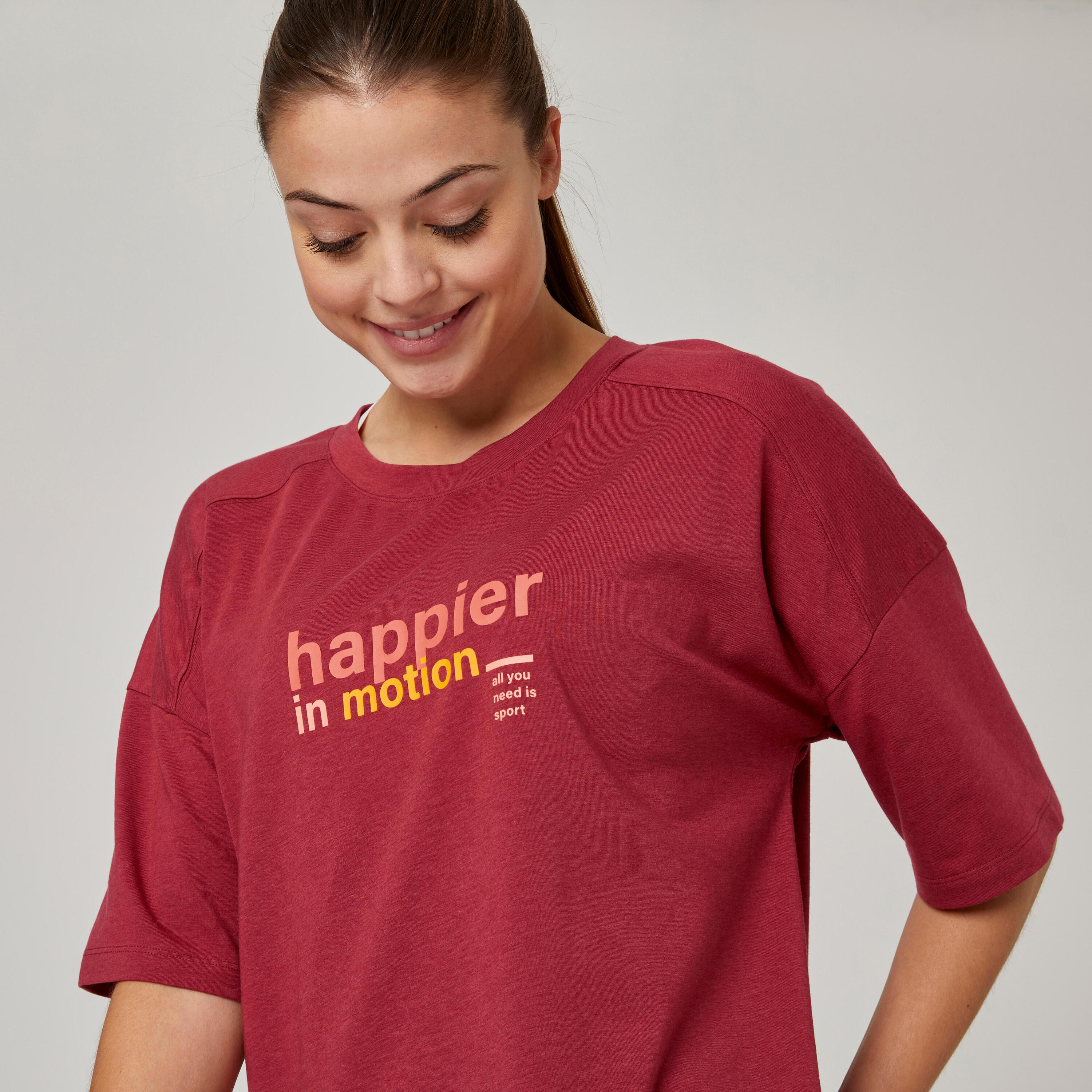 Women's Short-Sleeved Loose-Fit Majority Cotton Fitness T-Shirt 520 - Burgundy 5/7