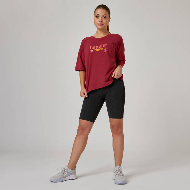 Women's Gym Cotton Blend Loose Fit Printed Tshirt-Burgundy