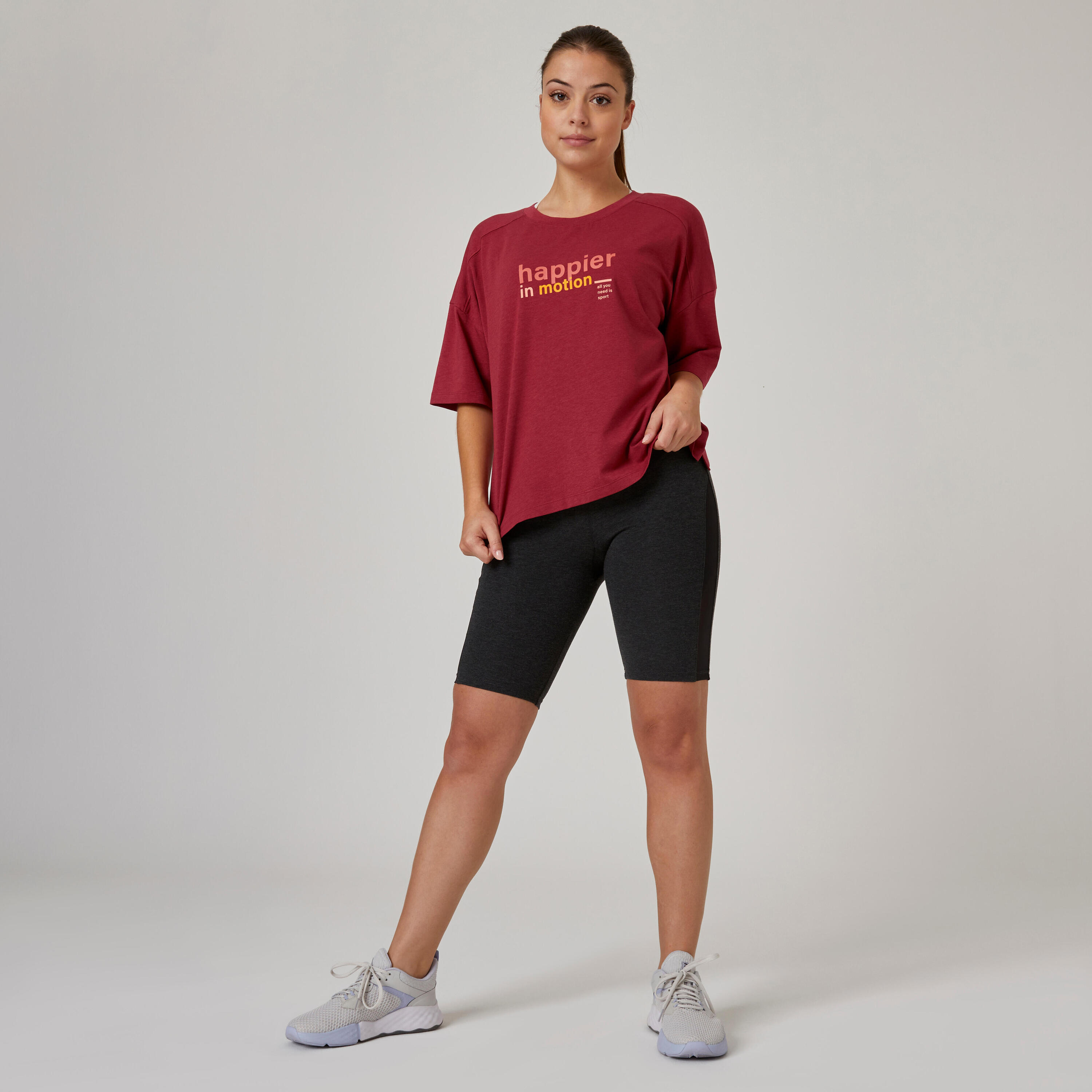 Women's Short-Sleeved Loose-Fit Majority Cotton Fitness T-Shirt 520 - Burgundy 3/7