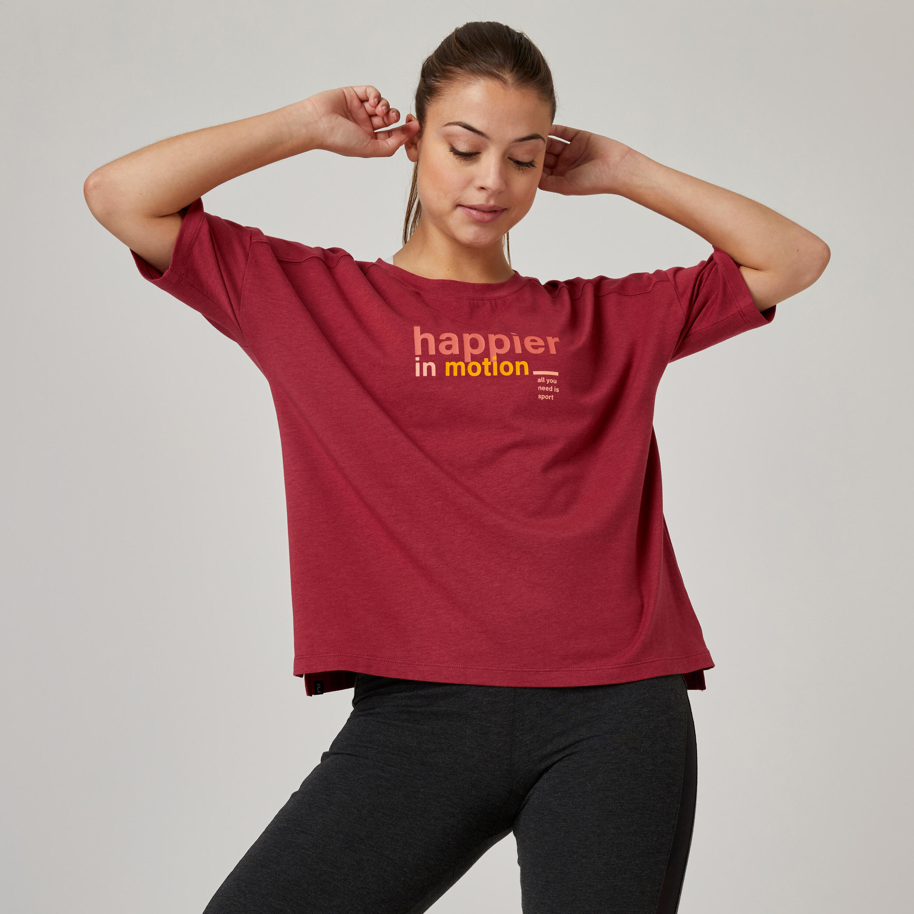 DOMYOS Women's Short-Sleeved Loose-Fit Majority Cotton Fitness T-Shirt 520 - Burgundy