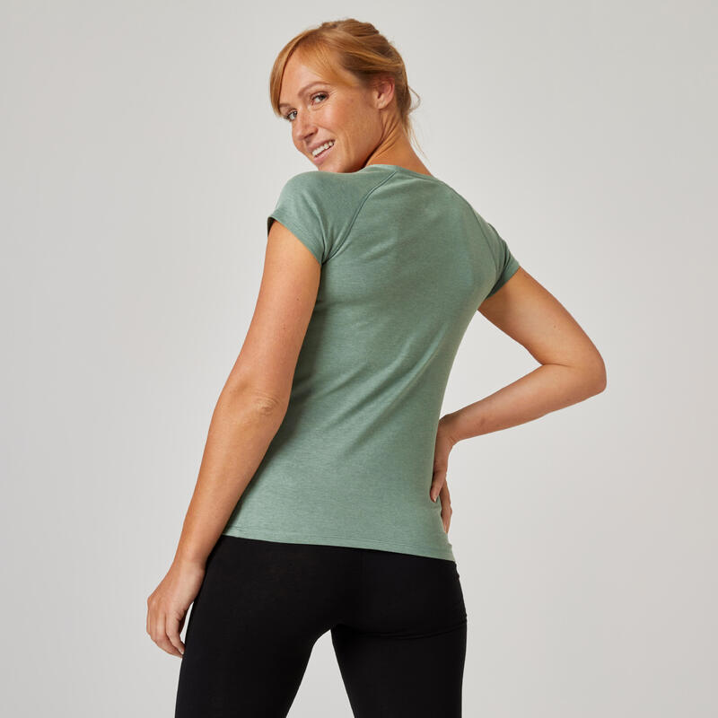 T-shirt fitness manches courtes slim col V coton femme - 500 laurier vert