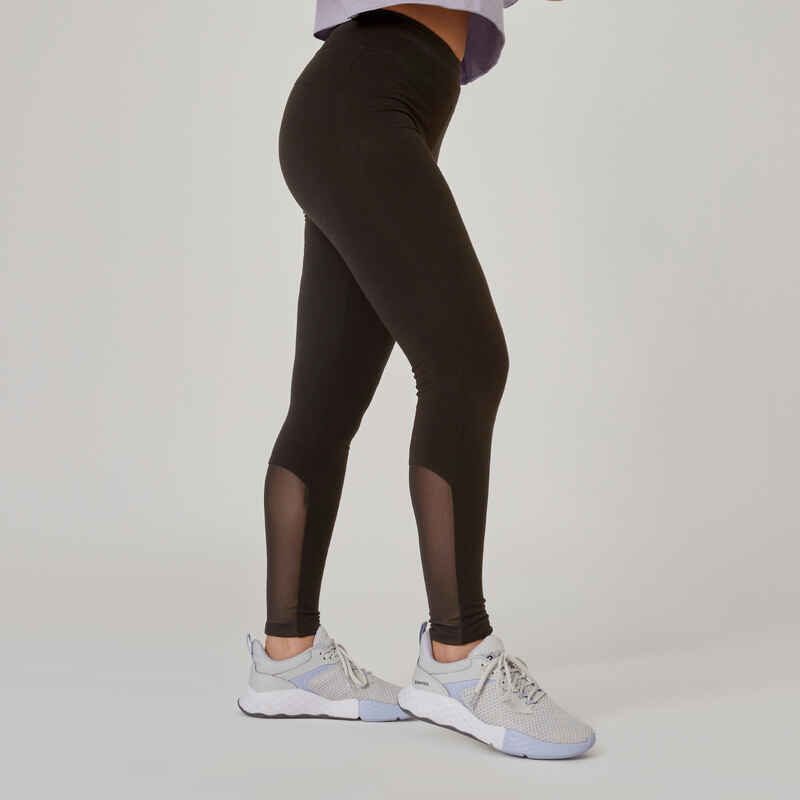 Leggings Fitness Baumwolle dehnbar hohe Taille Mesh Damen schwarz 
