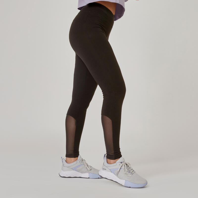 Női leggings fitneszhez 520-as, rugalmas pamut, magasított derék, fekete
