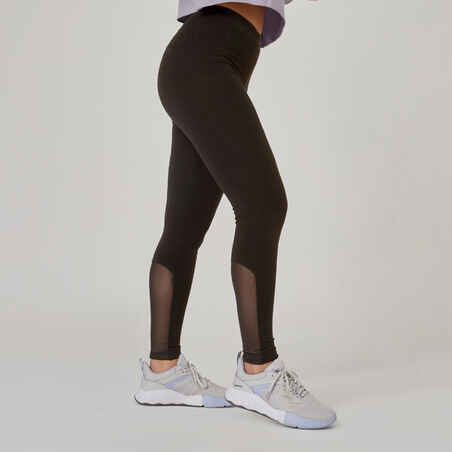 Stretchy High-Waisted Cotton Fitness Leggings with Mesh - Black