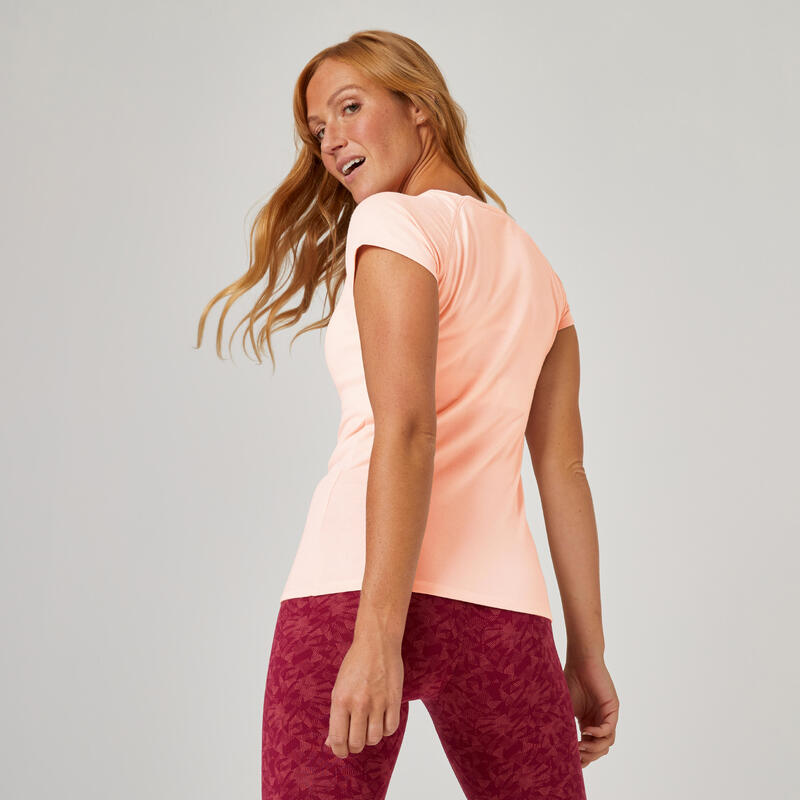 T-shirt donna fitness 500 slim misto cotone rosa chiaro