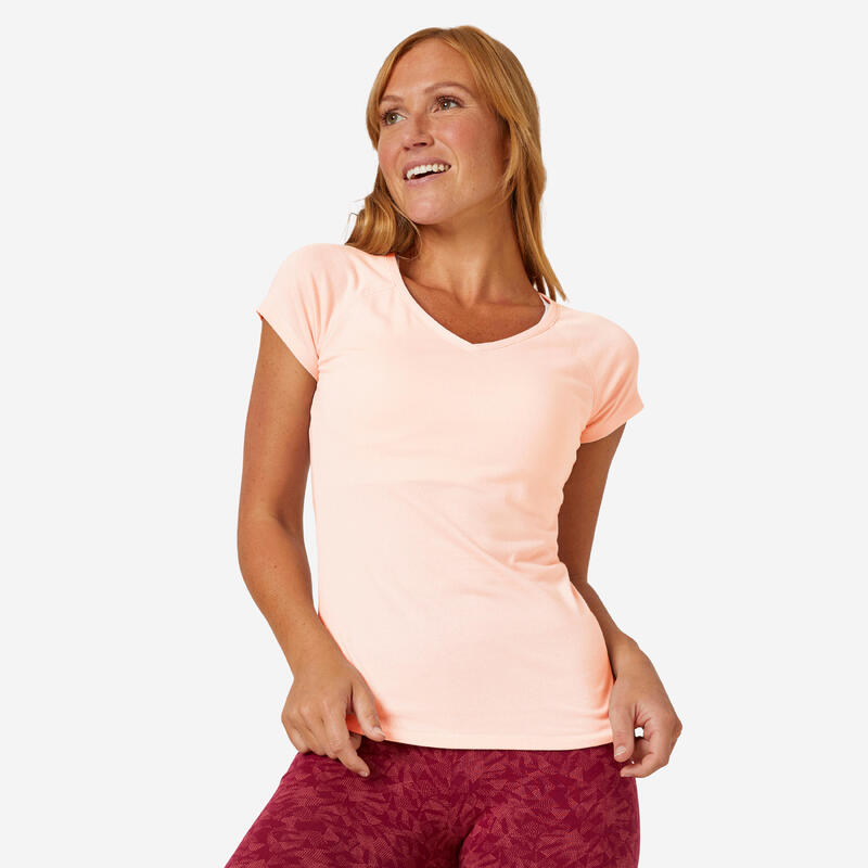T-Shirt Slim de Fitness com Decote em V Mulher 500 Rosa Quartzo