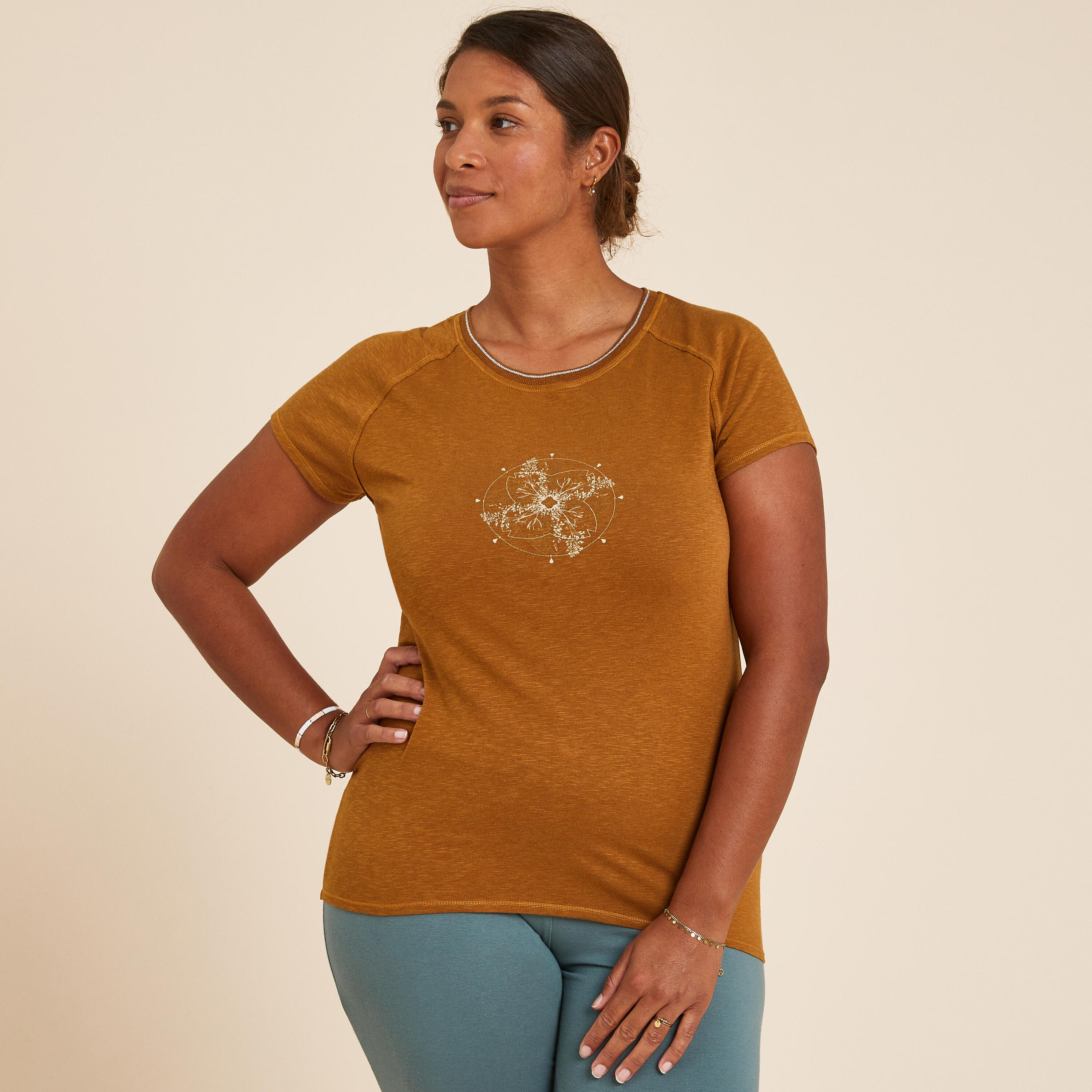 KIMJALY Women's Gentle Yoga T-Shirt - Brown Mandala