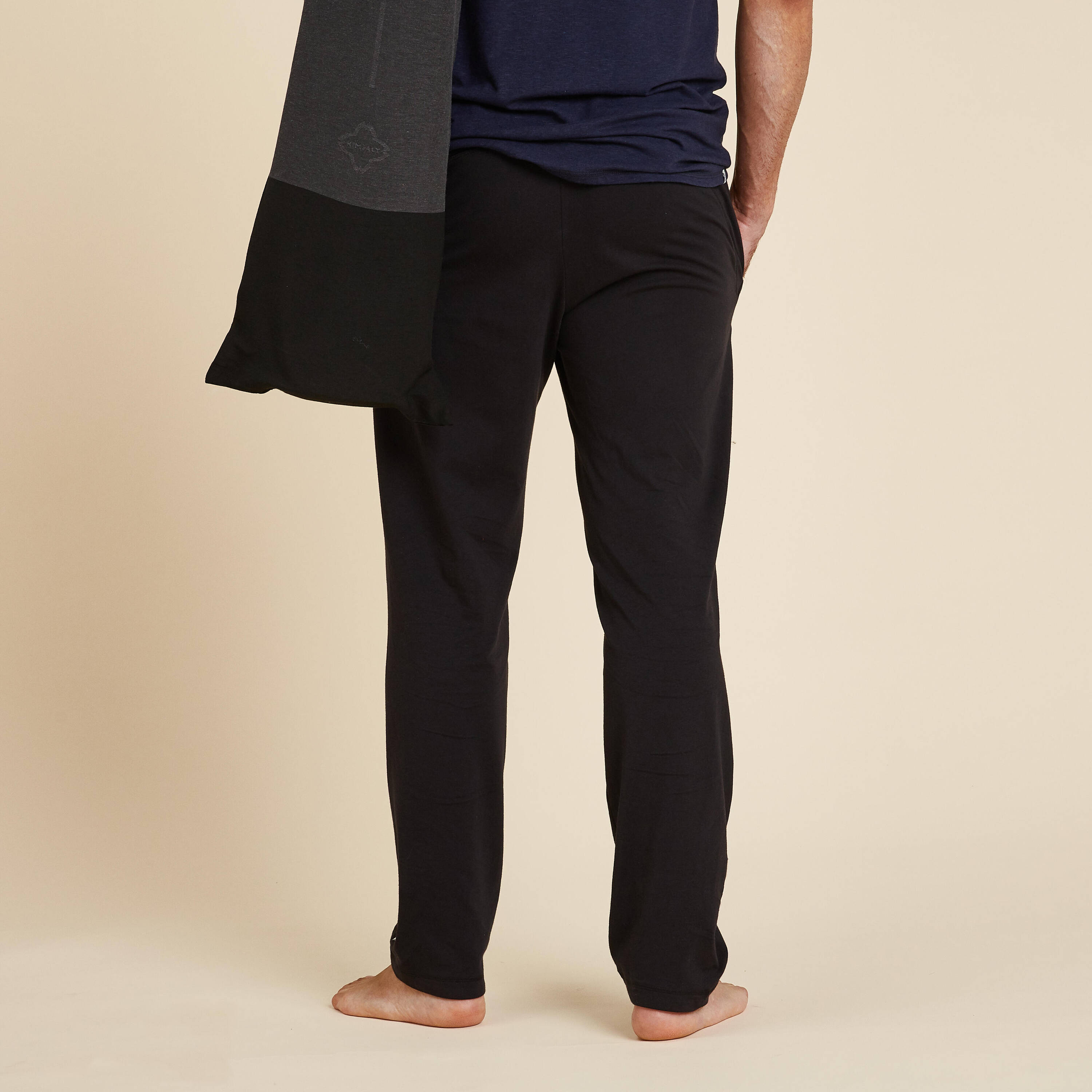 Soft Cotton, Stretchy Flat Waistband, 2 Pocket,Straight Fit-Men Yoga Pants Black -  4