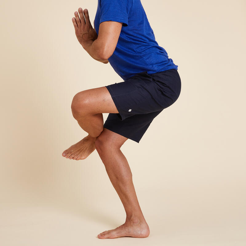 Pantalón Corto Yoga Hombre Azul Índigo Tela Lino Y Algodón